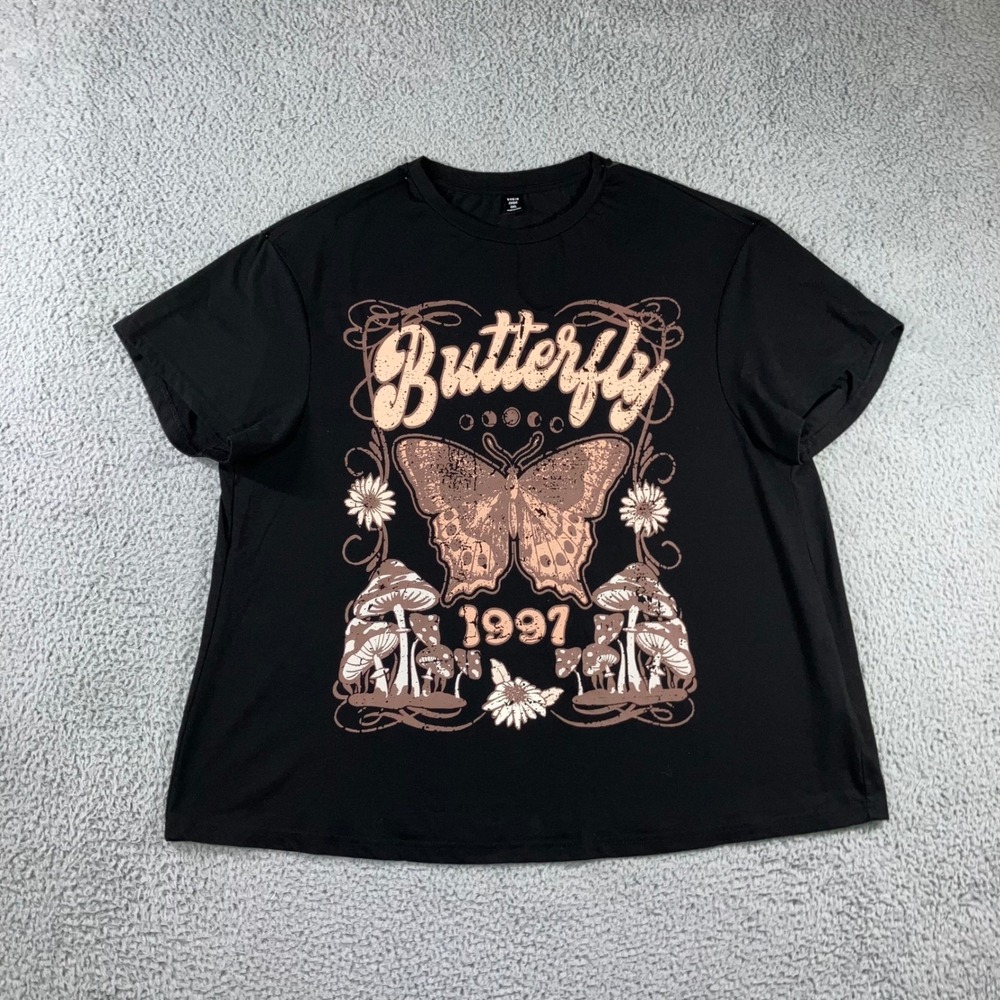 Relaxed Graphic T Shirt Women 2XL Butterfly Mushroom Black S/S y2k Street Grunge